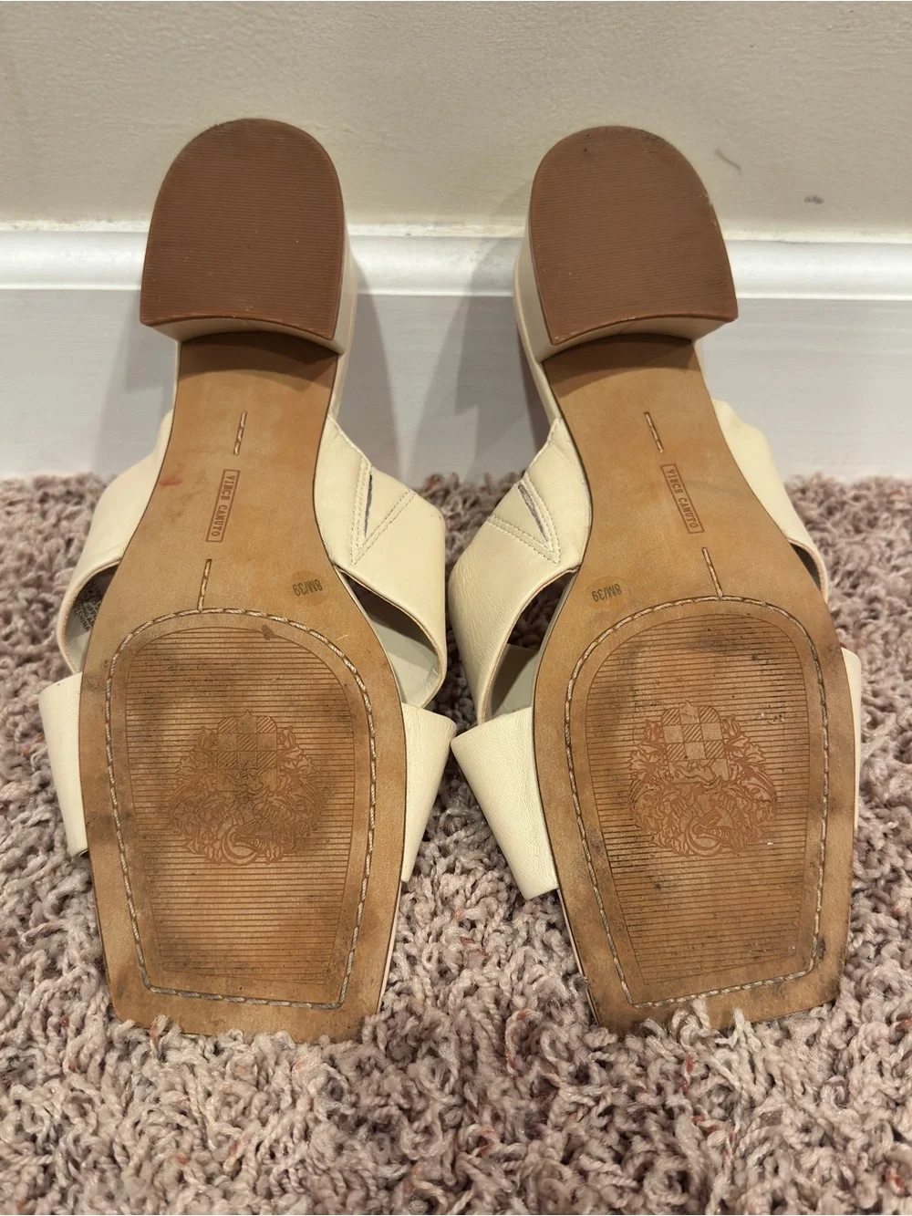 Vince Camuto Seedanta Cream Leather Block Heel Slide Sandals‎ Size 8.5